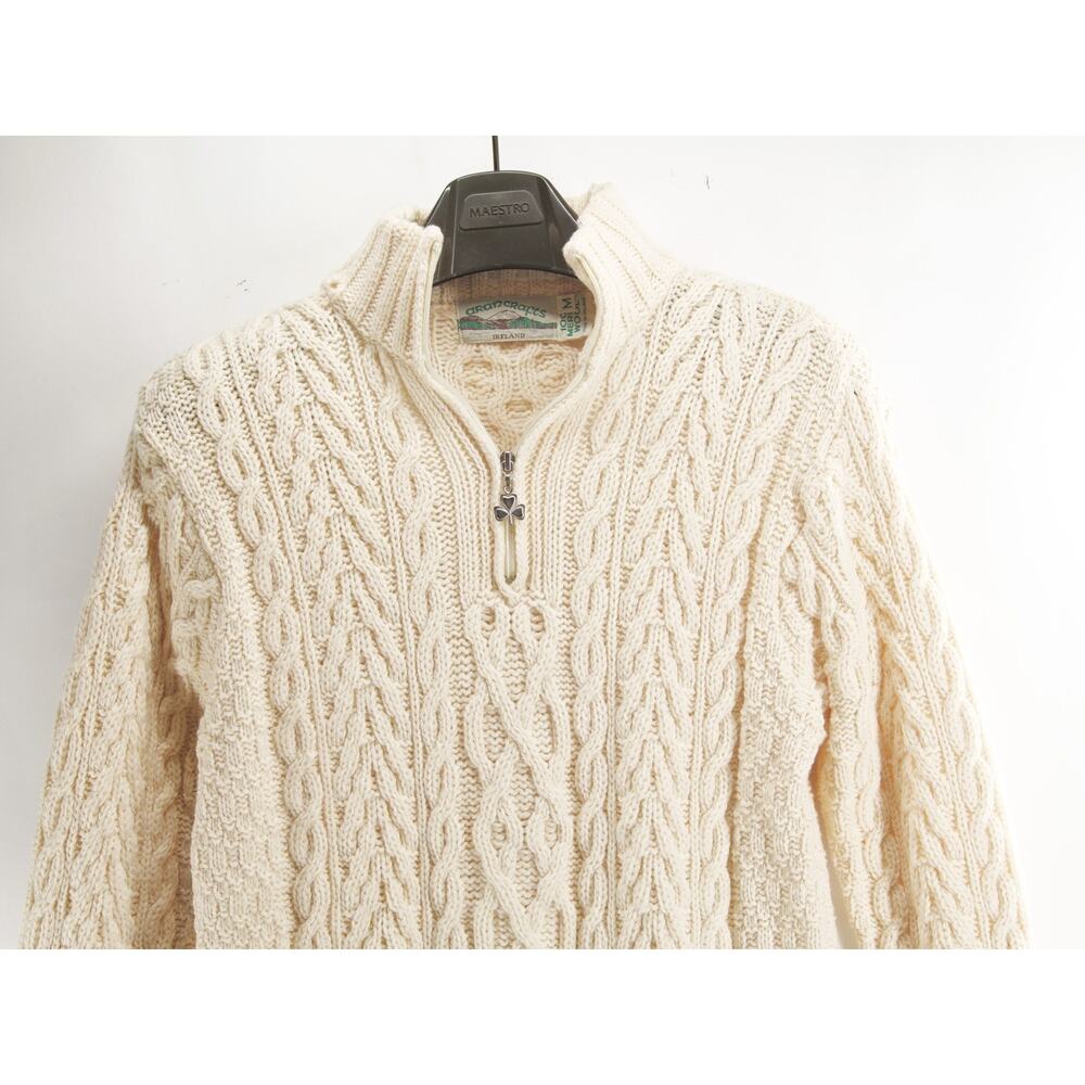 Arancrafts Unisex M Cream Cable Knit 1/4 Zip Sweater Merino Wool Ireland - Picture 2 of 10